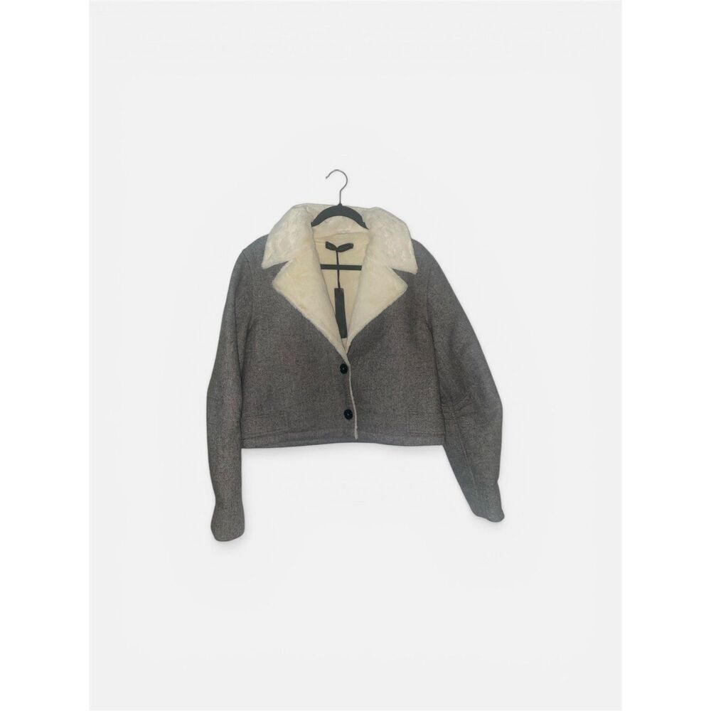 House of Harlow 1960 Herringbone Cropped Jacket Faux Fur Collar Size S Gray